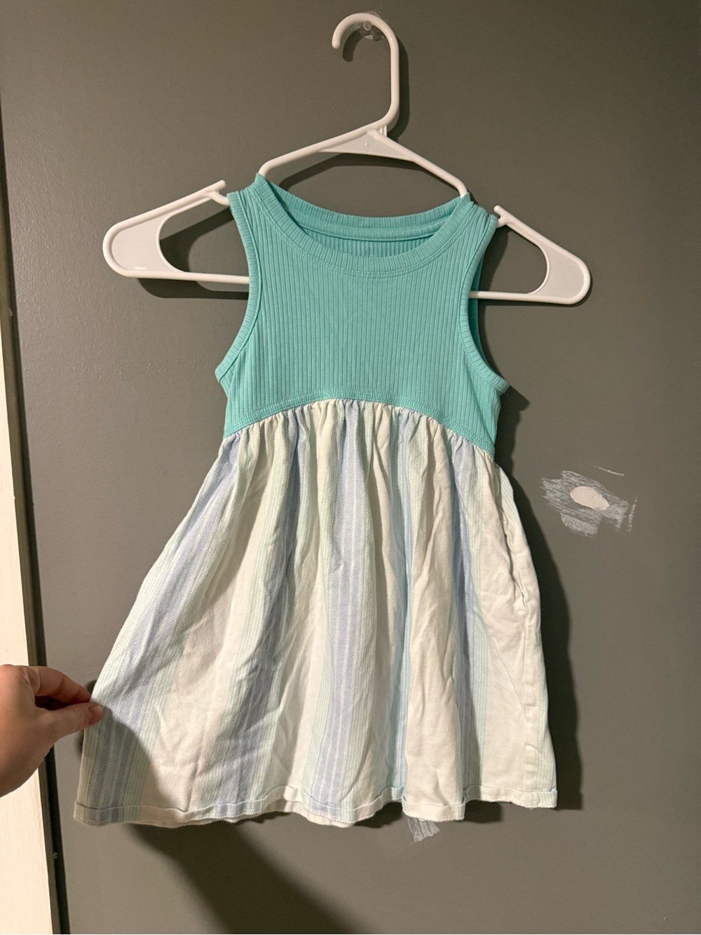 Girls' Aqua Ribbed Tank Dress with Pastel Striped Skirt